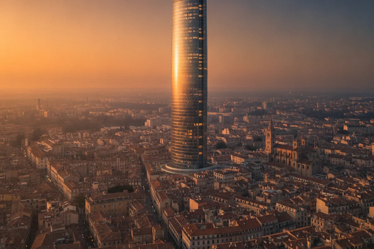 Zylindrischer Hochhausturm über historischer Stadtsilhouette im Abendlicht — sinnbildlich für Jenas Stadtbild mit JenTower